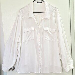 Spense Women Lace Trim Long Sleeve Shirt White 3X